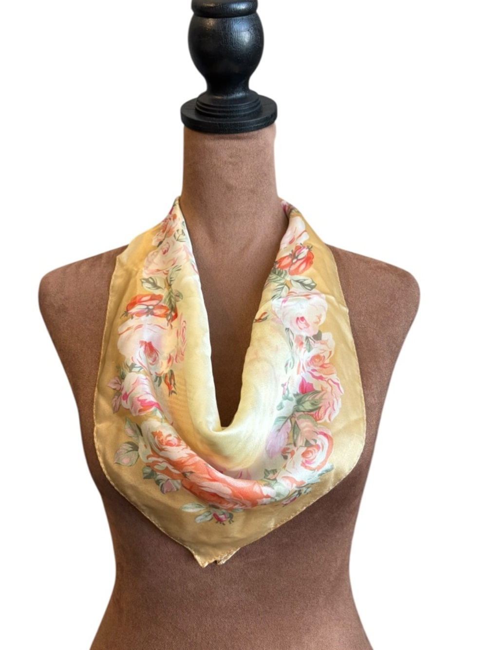 Cream Floral Square Polyester Scarf 21" Roses Neutrals Shabby Chic Cottagecore